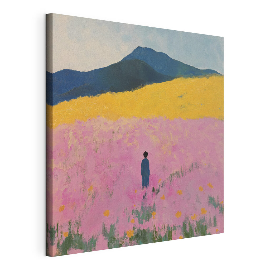 Solo nel campo rosa, tela tesa e bordo avvolto