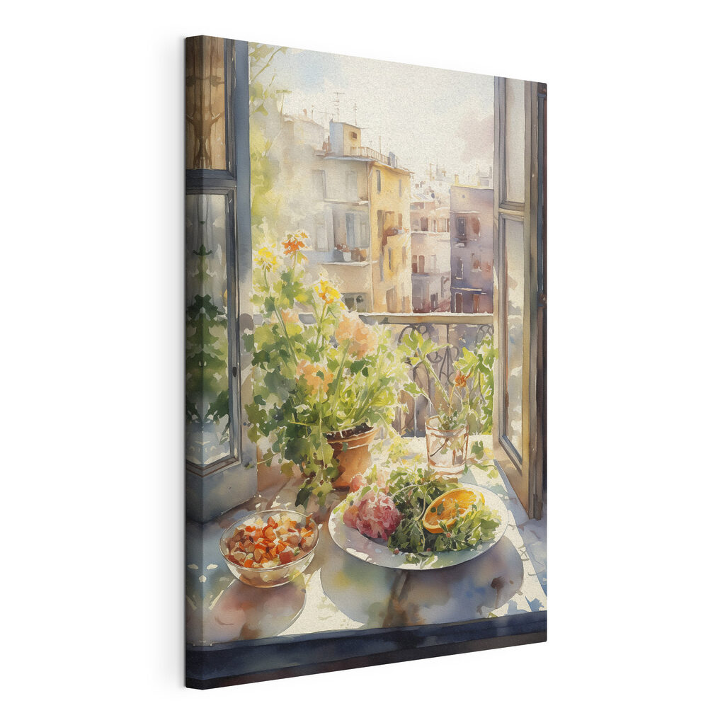 Pranzo sul balcone, tela tesa e bordo avvolto