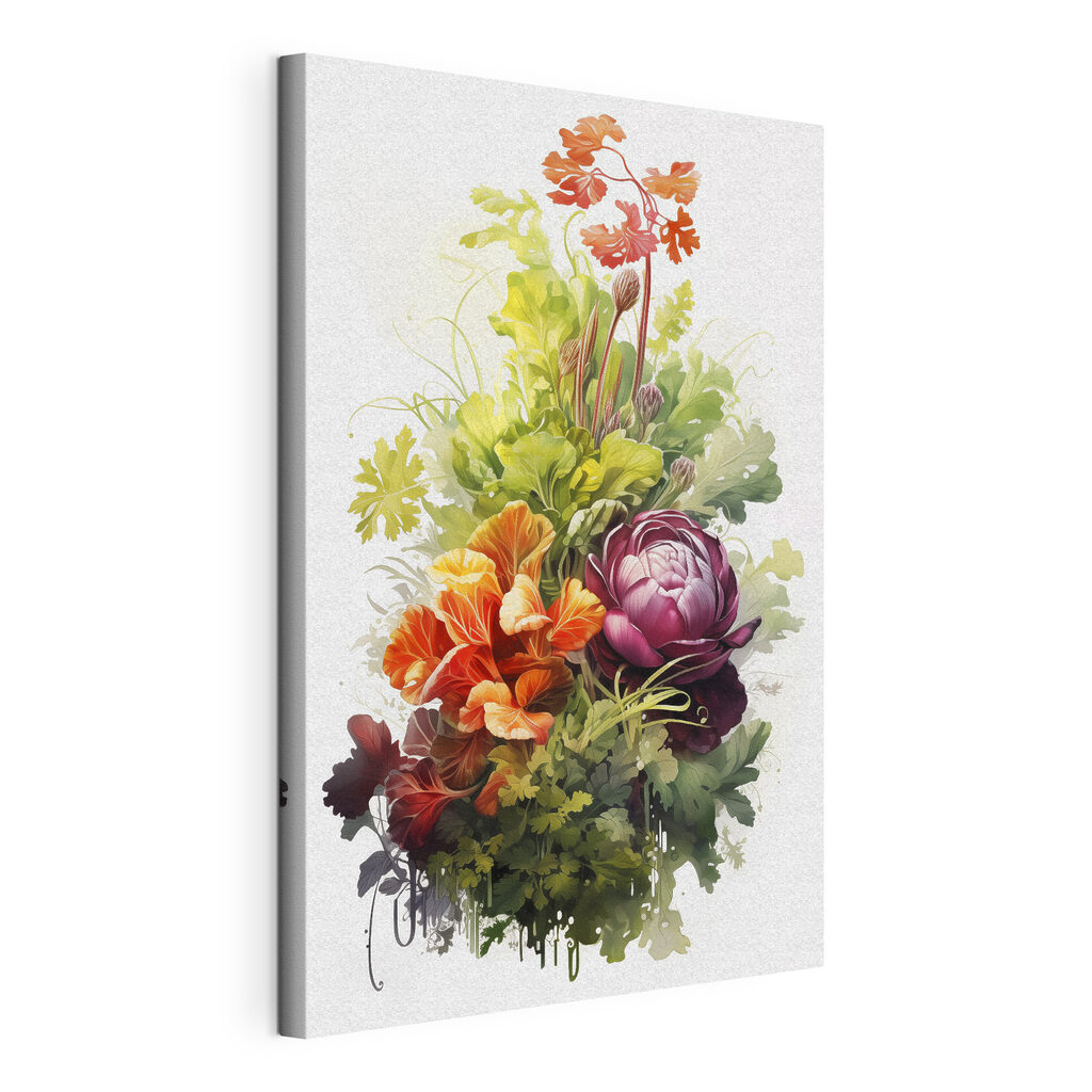 Cavolo rosso tra fiori, tela tesa e bordo avvolto