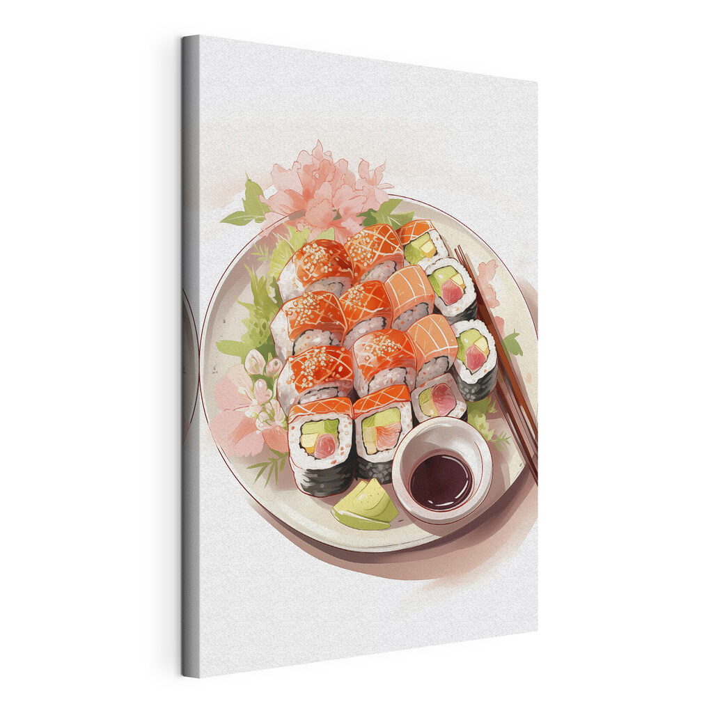 Sushi con fiore rosa, tela tesa e bordo avvolto