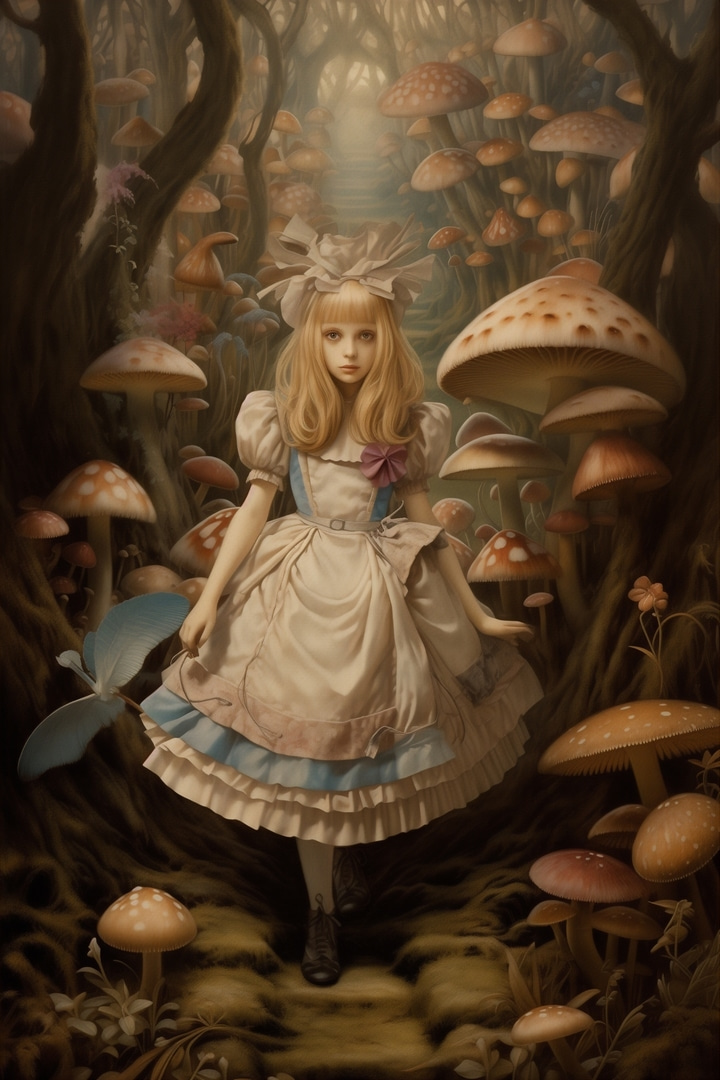 Bambina tra i funghi — design completo