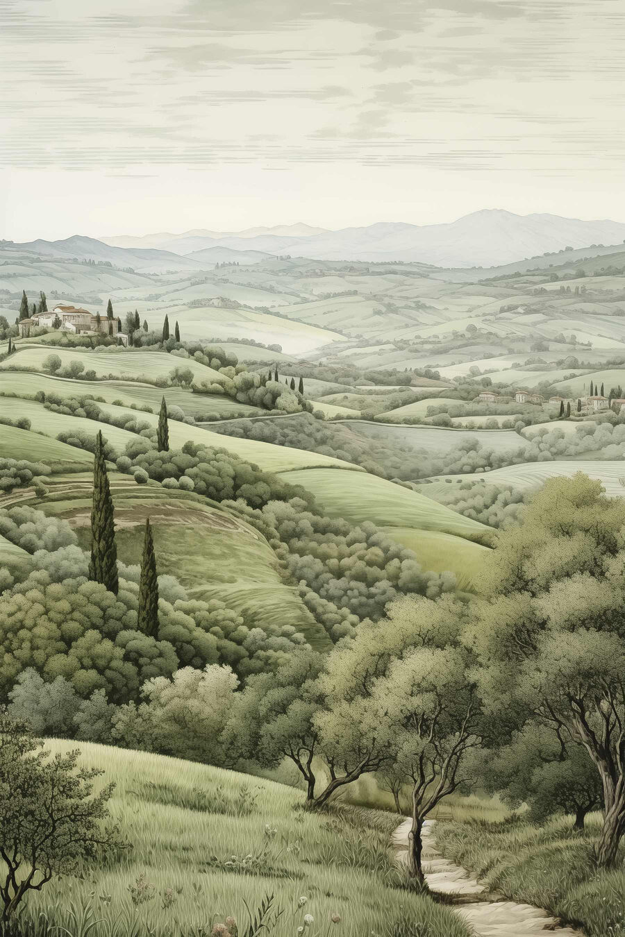 Cipressi tra campi morbidi — design completo