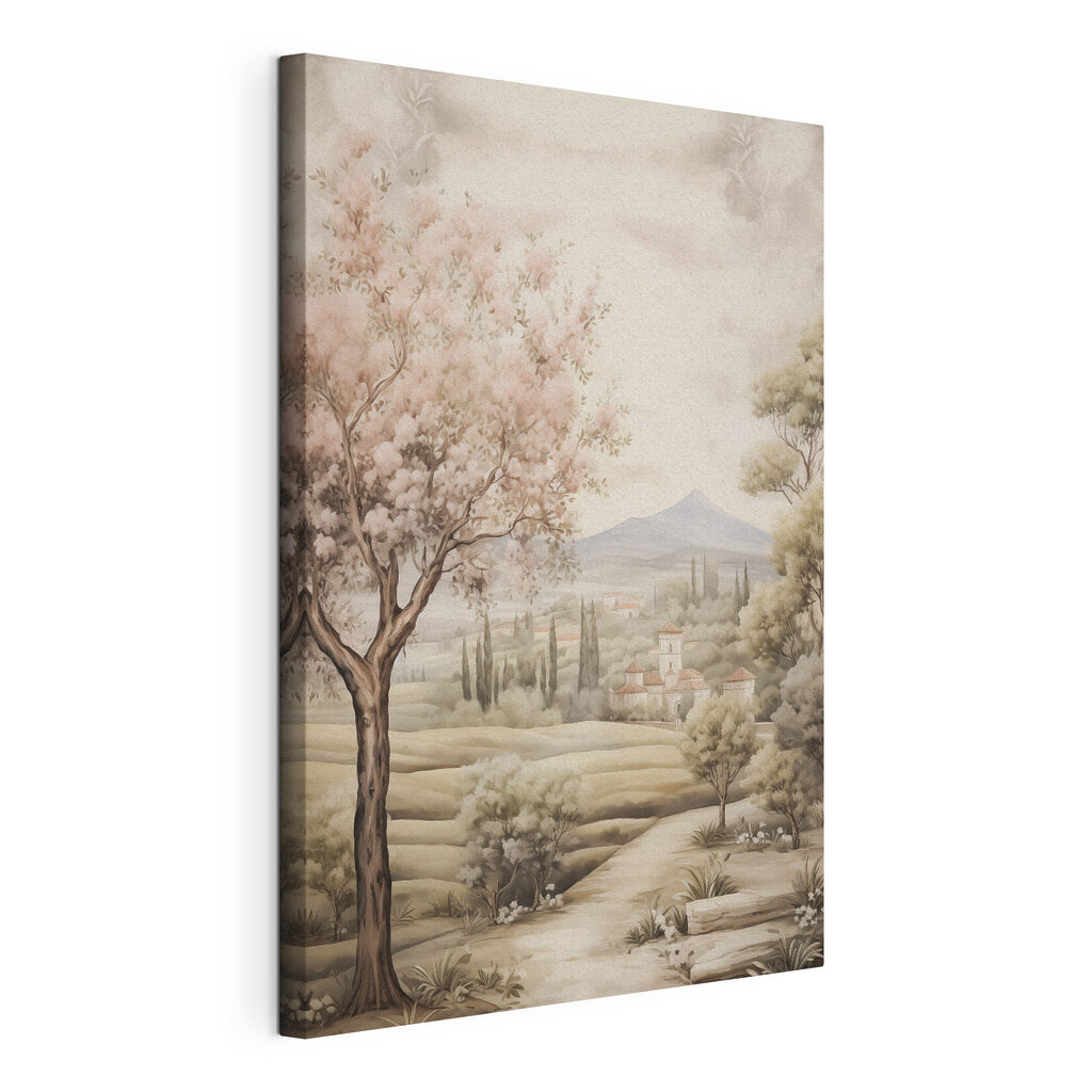 Fiori rosa sui sentieri, tela tesa e bordo avvolto