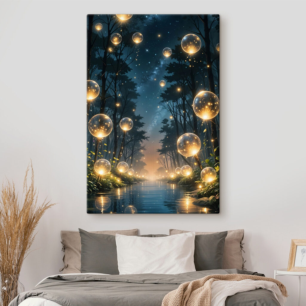 Sfere luminose nella notte in un ambiente