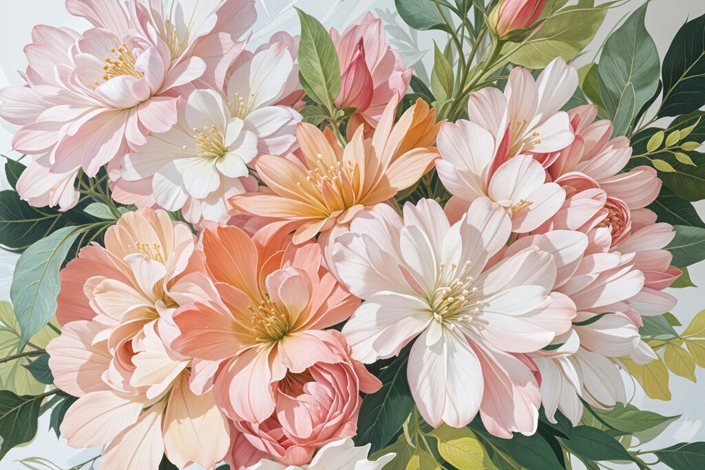 Fiori pastello tra foglie — design completo