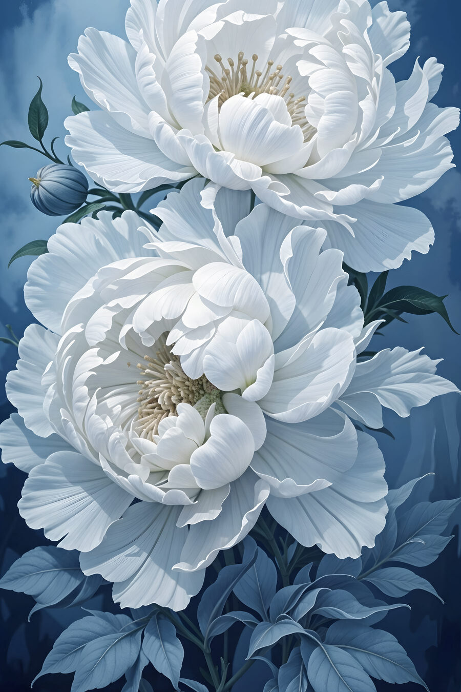 Peonie bianche su blu — design completo