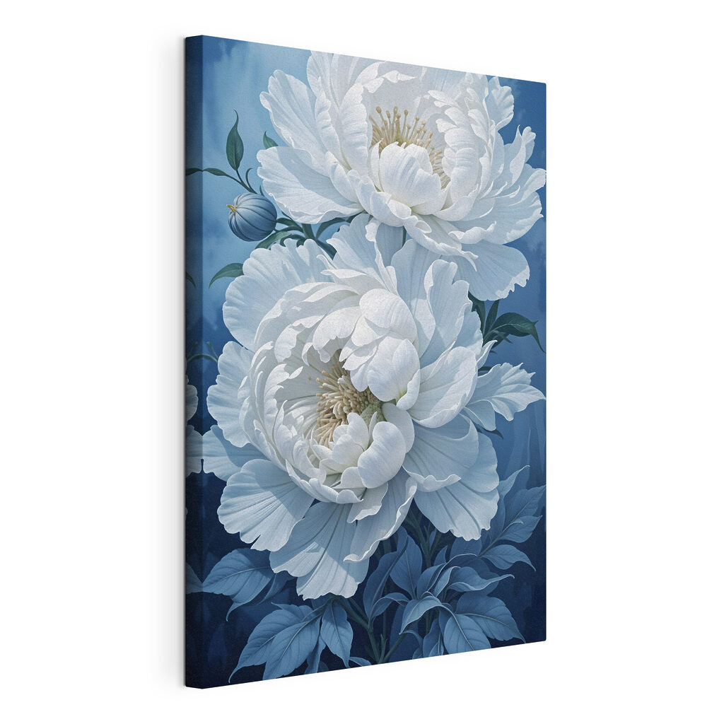 Peonie bianche su blu, tela tesa e bordo avvolto