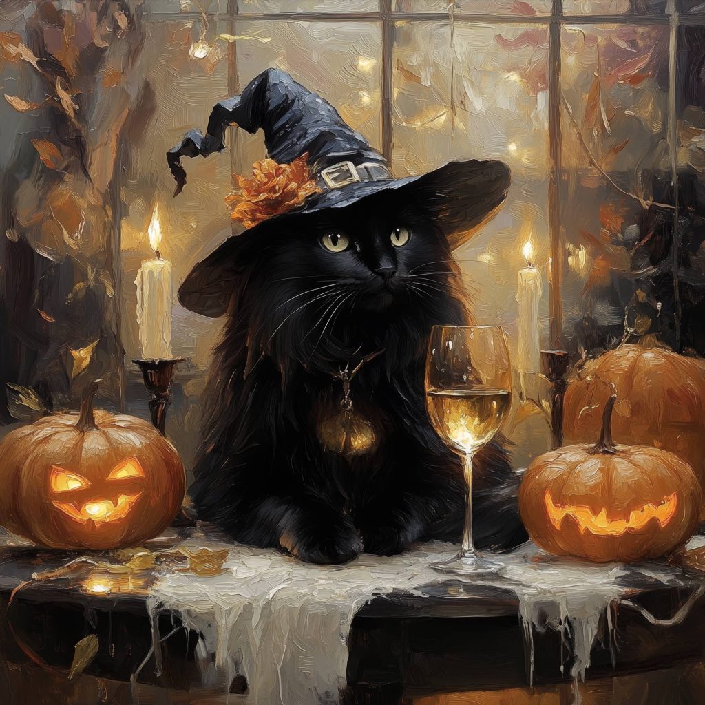 Gatto strega tra zucche — design completo