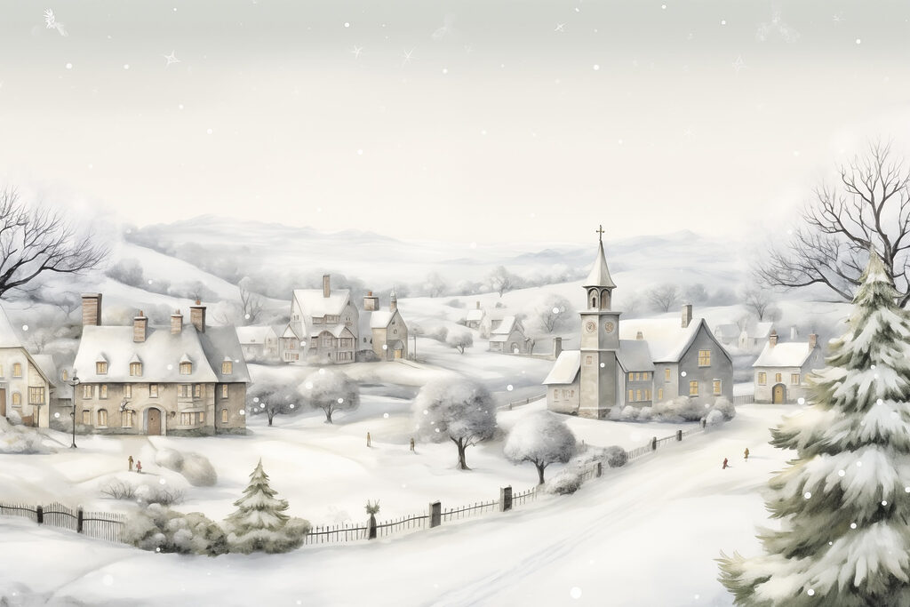 Campanile sulla strada innevata — design completo