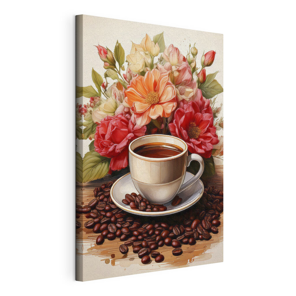 Caffè tra rose calde, tela tesa e bordo avvolto