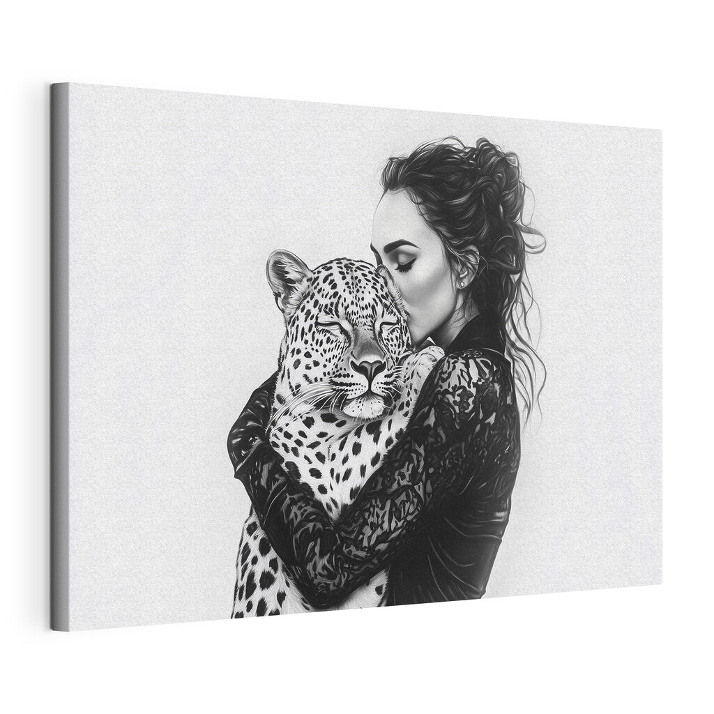 Abbraccio con un leopardo, tela tesa e bordo avvolto