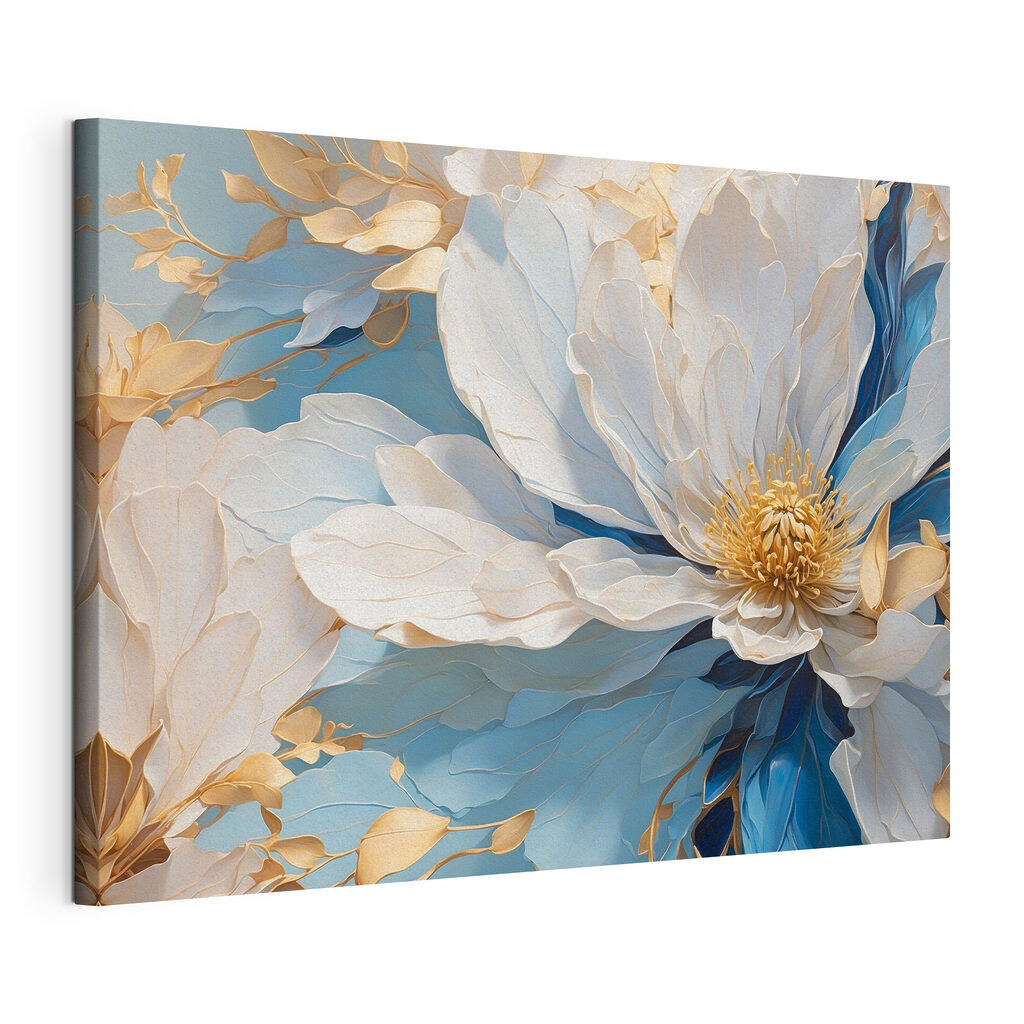 Fiore tra pieghe blu, tela tesa e bordo avvolto