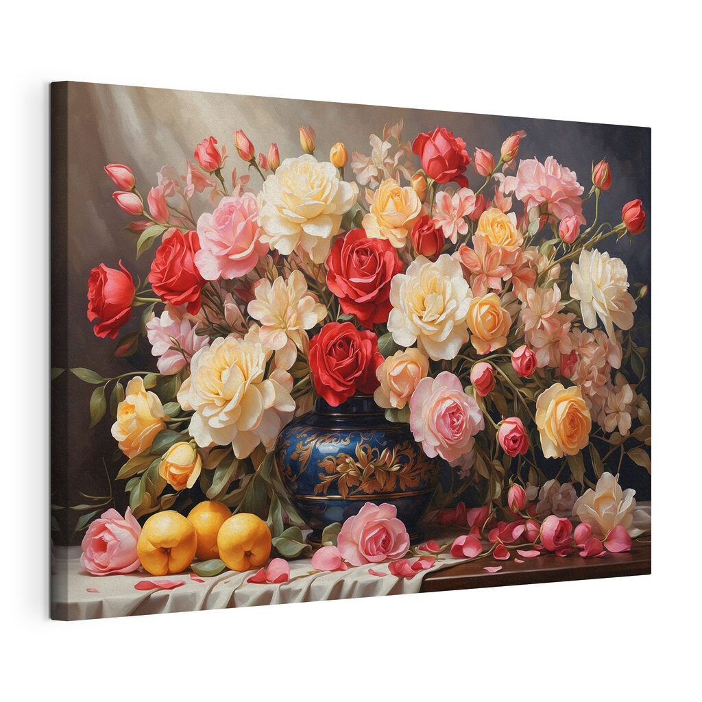 Rose e agrumi caldi, tela tesa e bordo avvolto