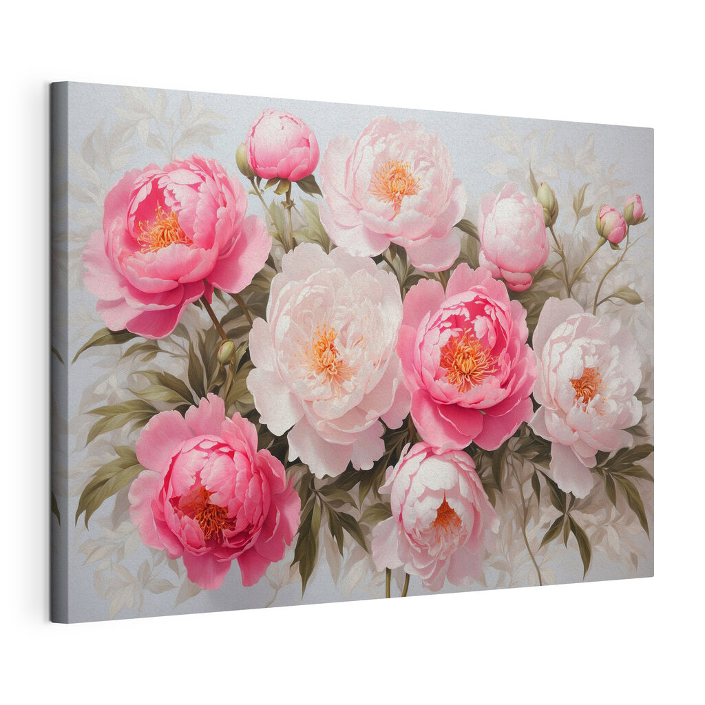 Peonie in ghirlanda rosa, tela tesa e bordo avvolto