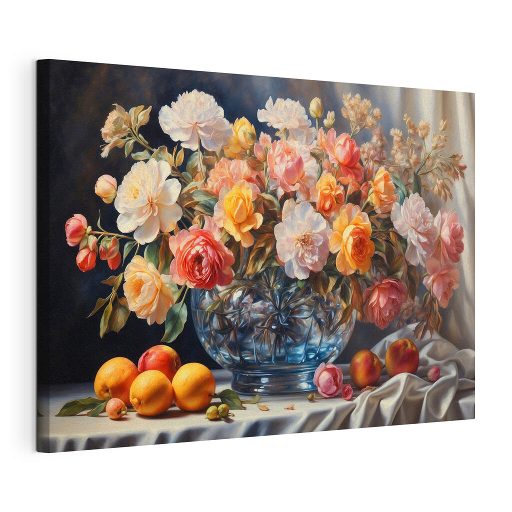 Fiori e frutta arancio, tela tesa e bordo avvolto