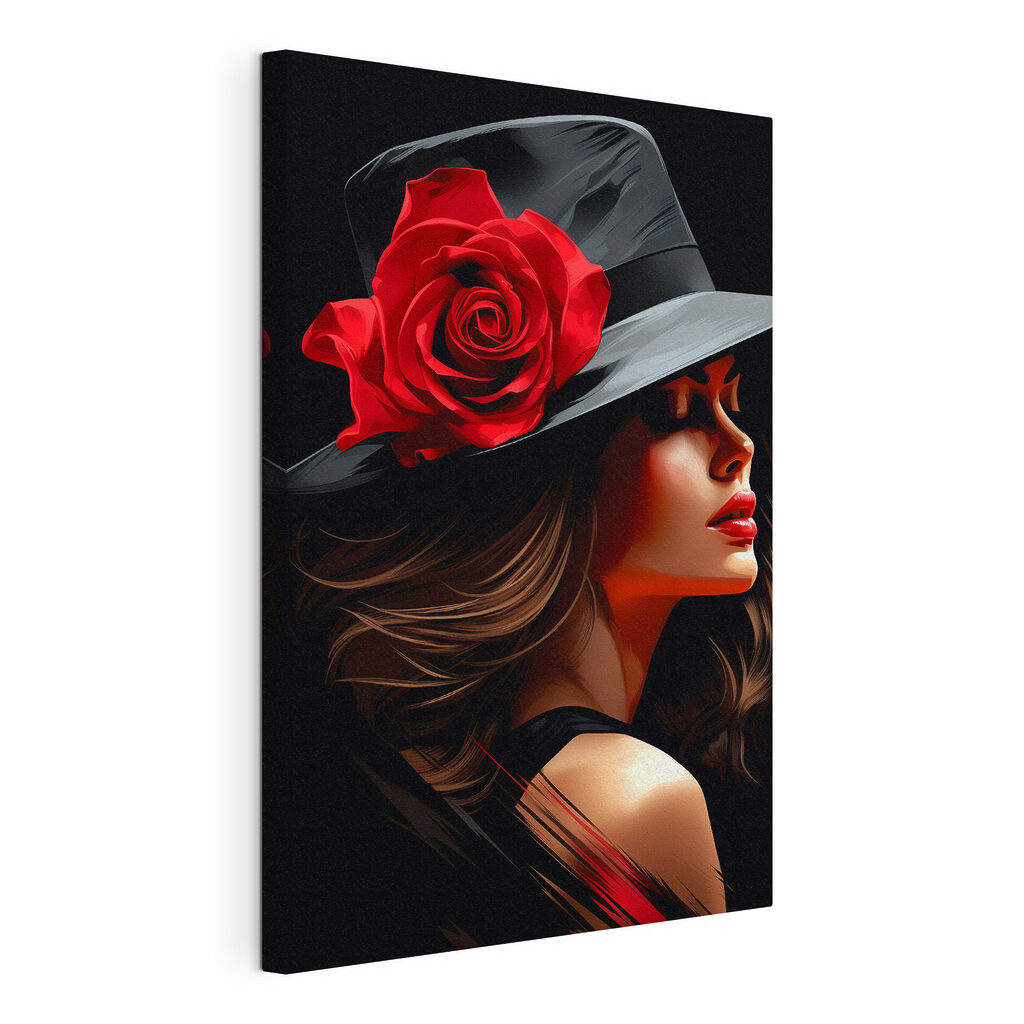 Rosa sul cappello nero, tela tesa e bordo avvolto