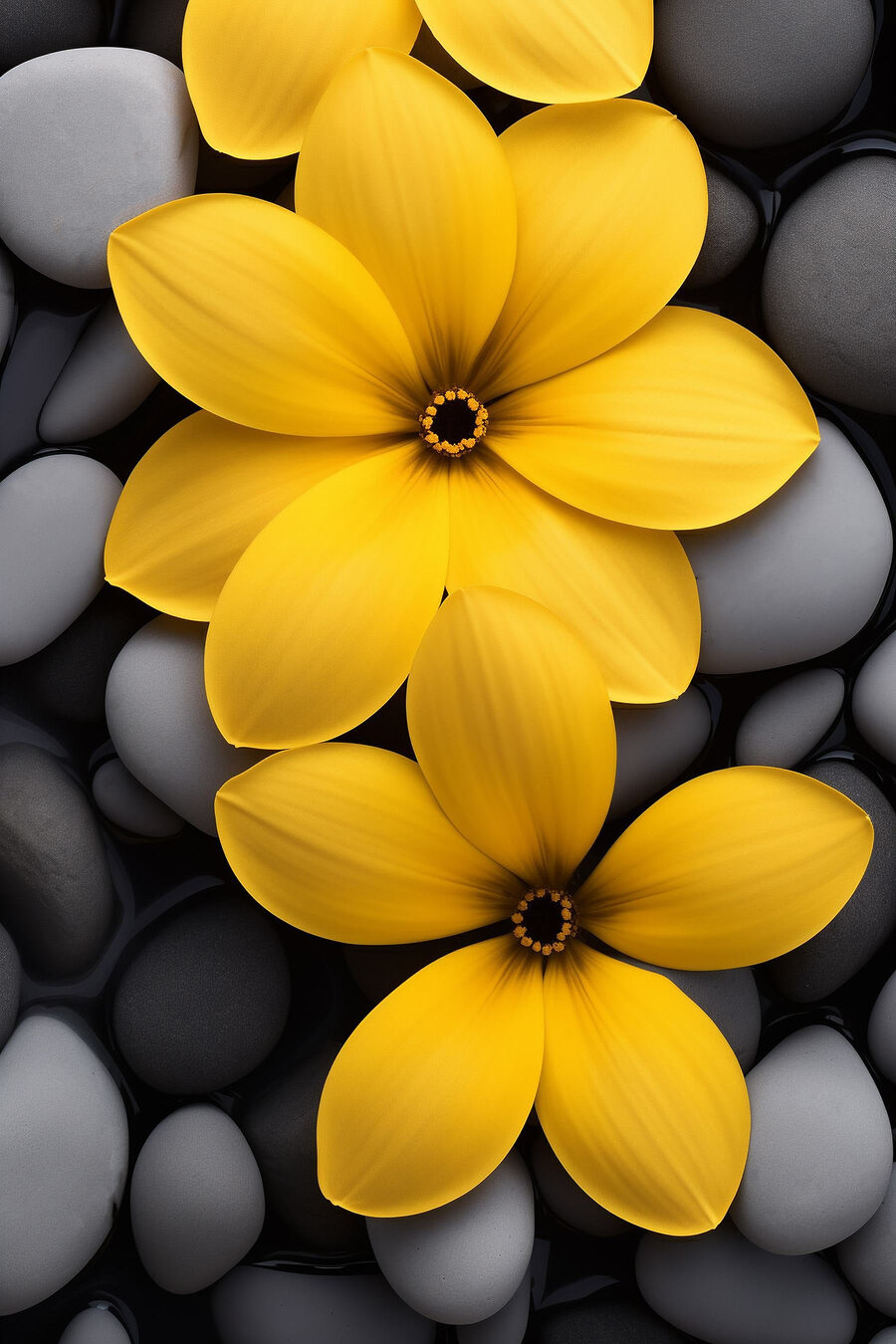 Fiori gialli tra ciottoli — design completo