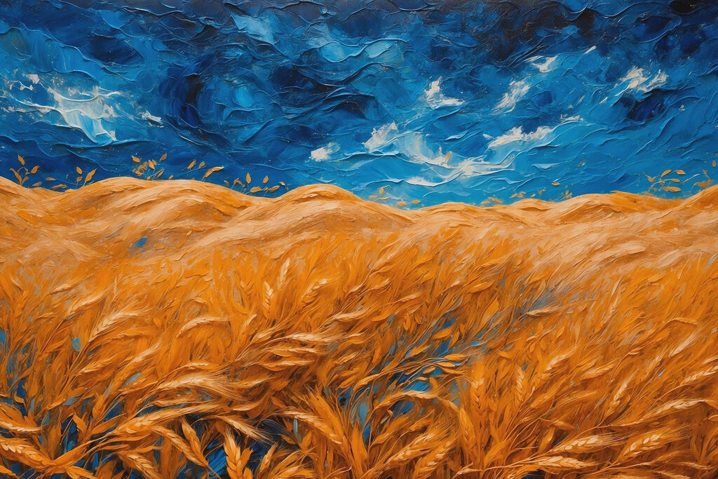 Grano ondeggiante, cielo blu — design completo