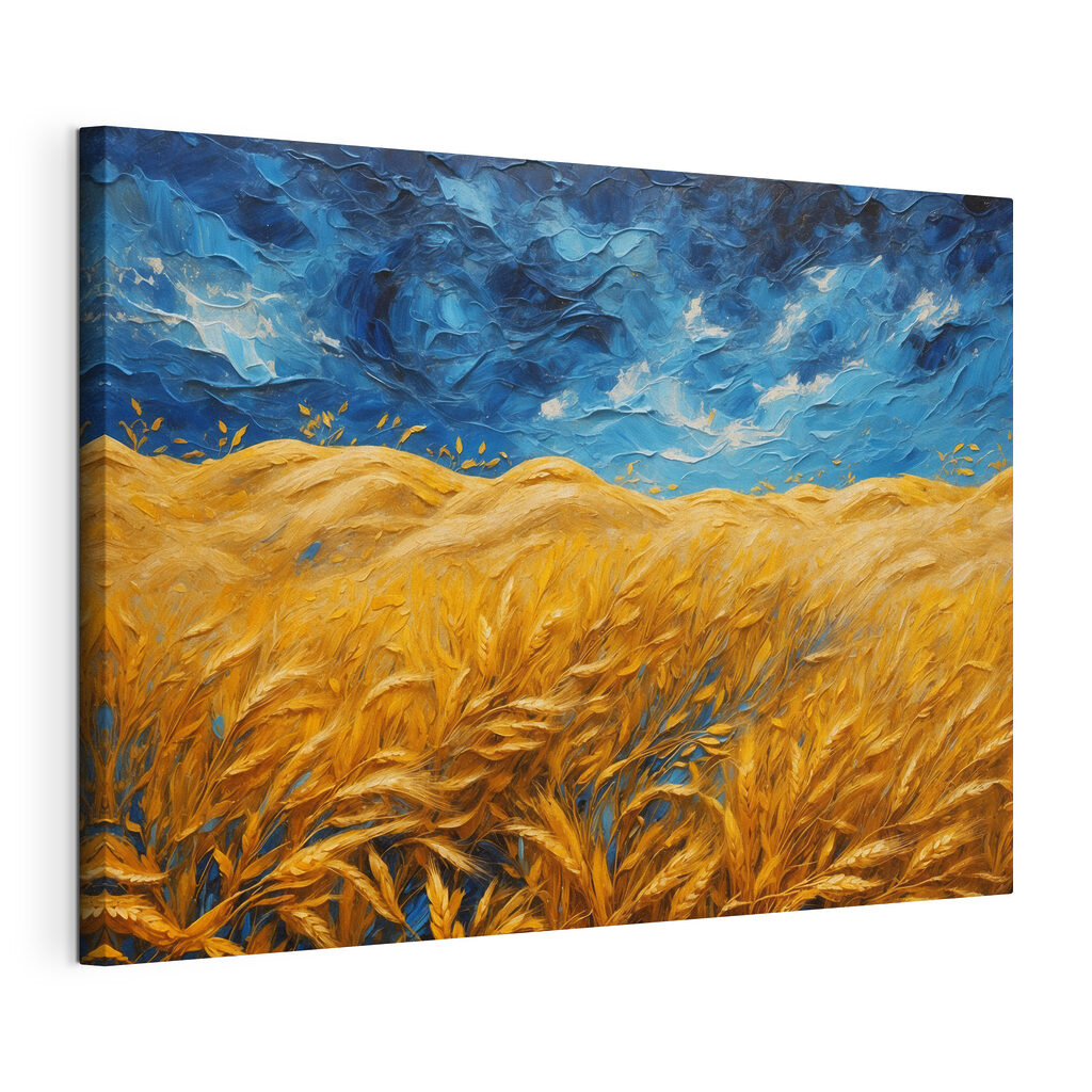 Grano ondeggiante, cielo blu, tela tesa e bordo avvolto
