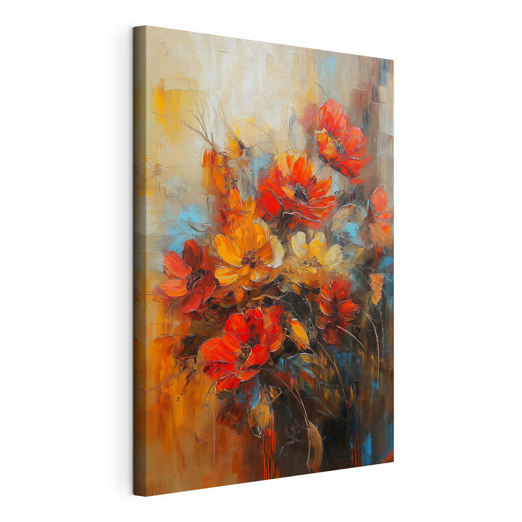 Fiori d’autunno in ocra, tela tesa e bordo avvolto