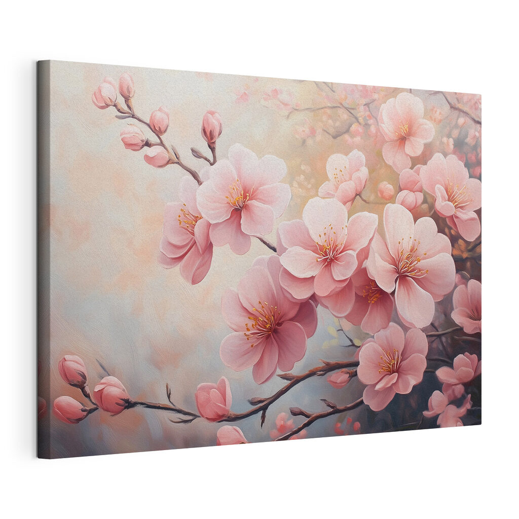 Fiori rosa che sbocciano, tela tesa e bordo avvolto