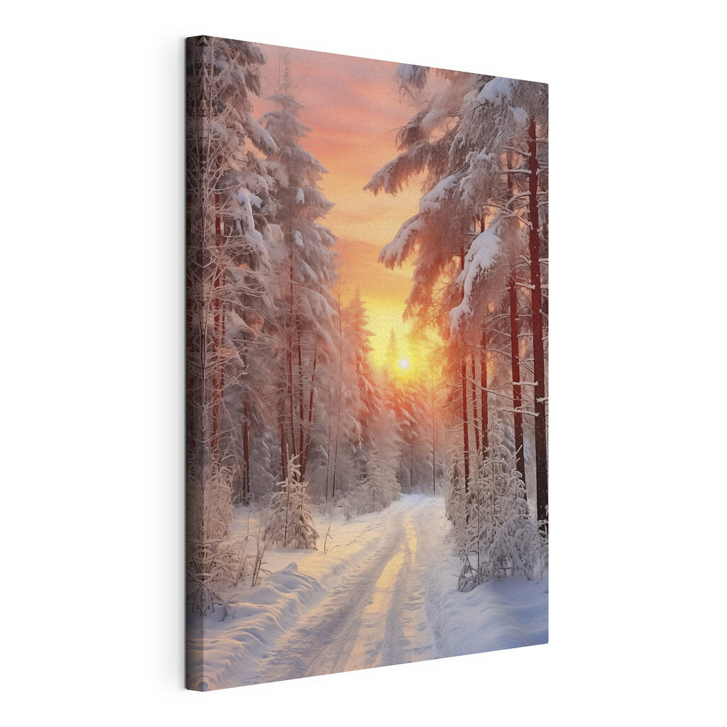 Cielo rosa sulla neve, tela tesa e bordo avvolto