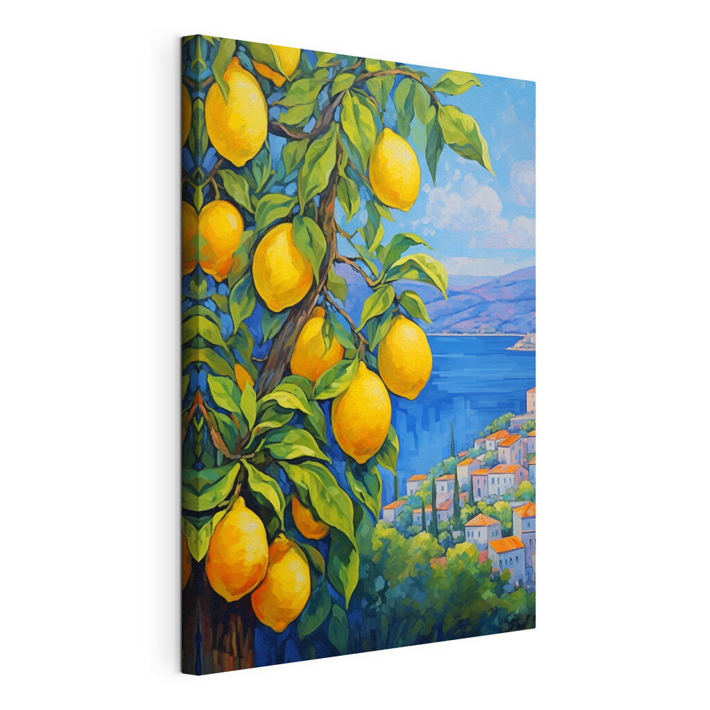 Limoni sopra il borgo, tela tesa e bordo avvolto
