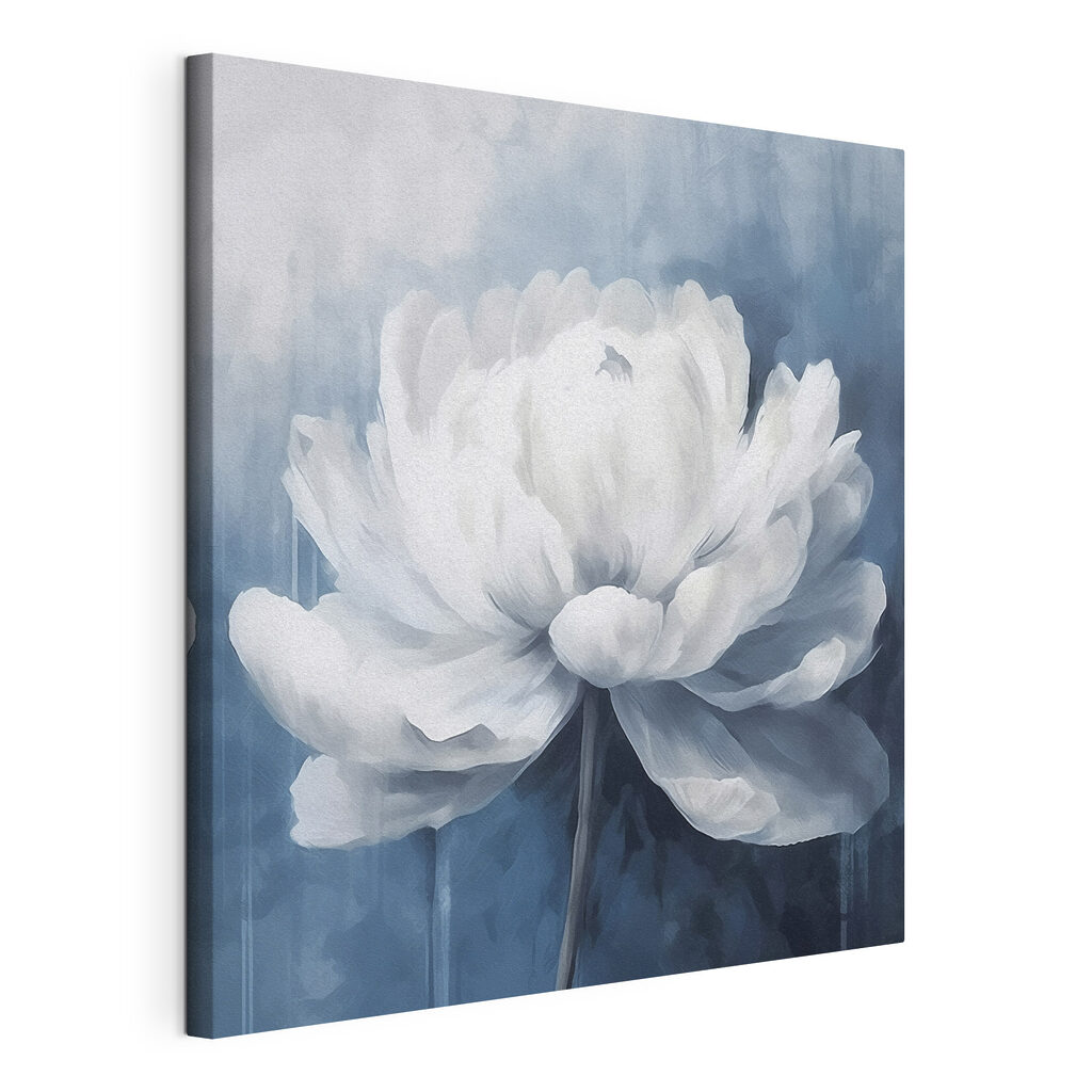 Peonia in acquerello blu, tela tesa e bordo avvolto