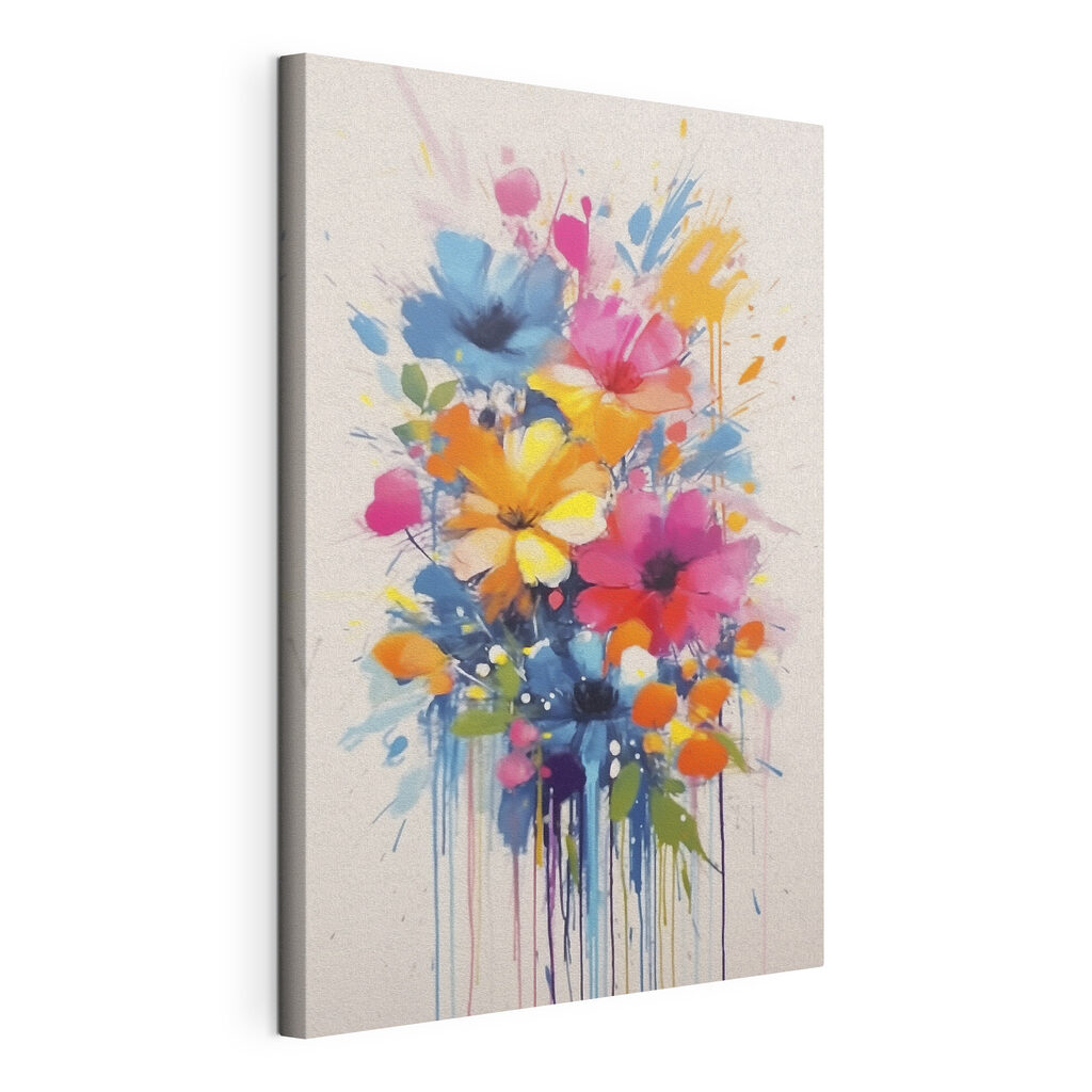 Bouquet di spruzzi colorati, tela tesa e bordo avvolto