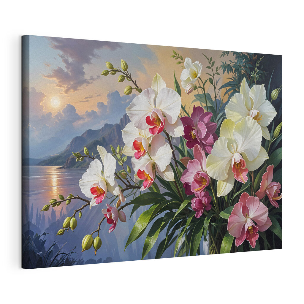 Orchidee davanti al lago, tela tesa e bordo avvolto