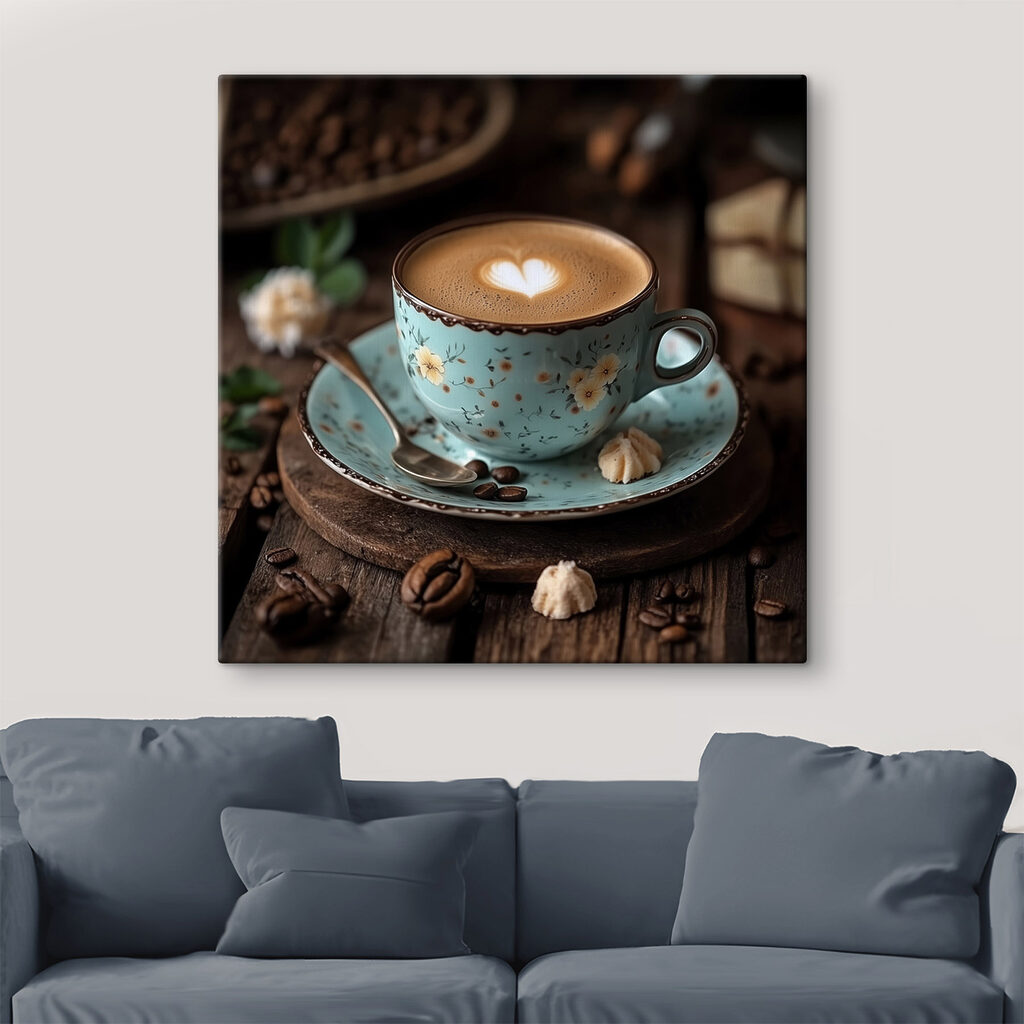 Cappuccino in tazza azzurra in un ambiente
