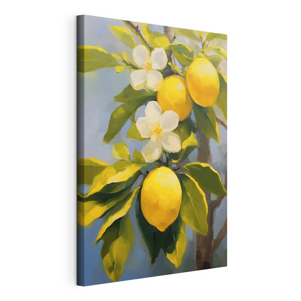 Limoni sotto fiori bianchi, tela tesa e bordo avvolto