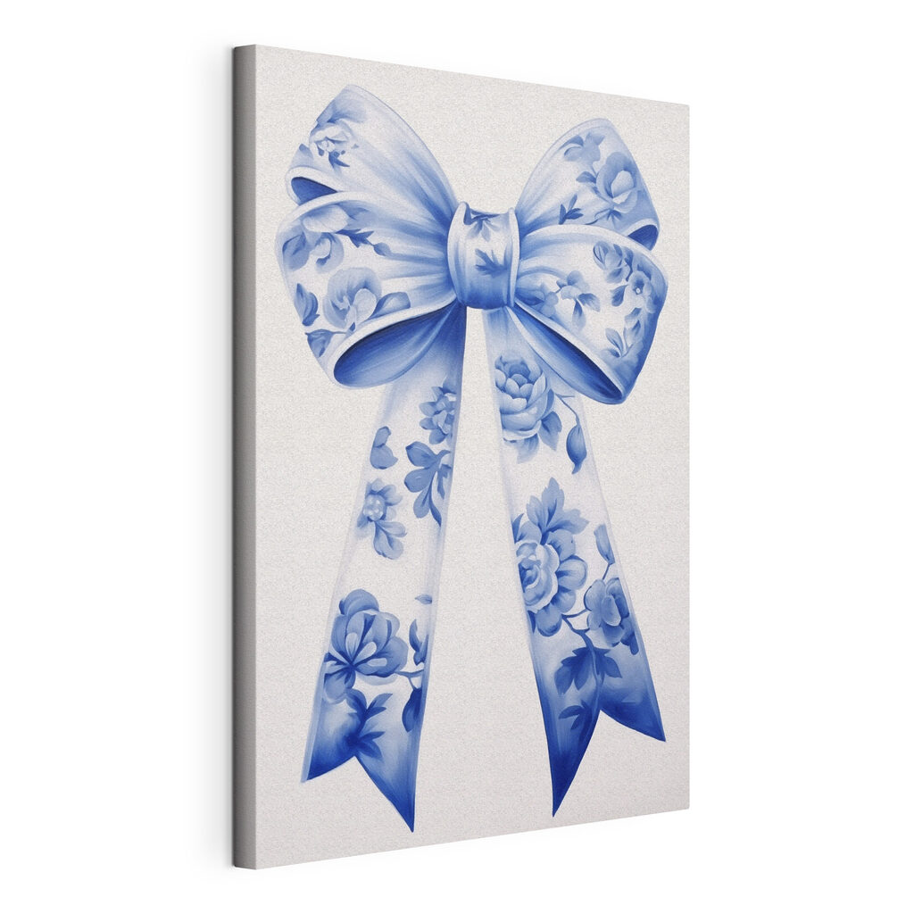 Fiocco con fiori blu, tela tesa e bordo avvolto