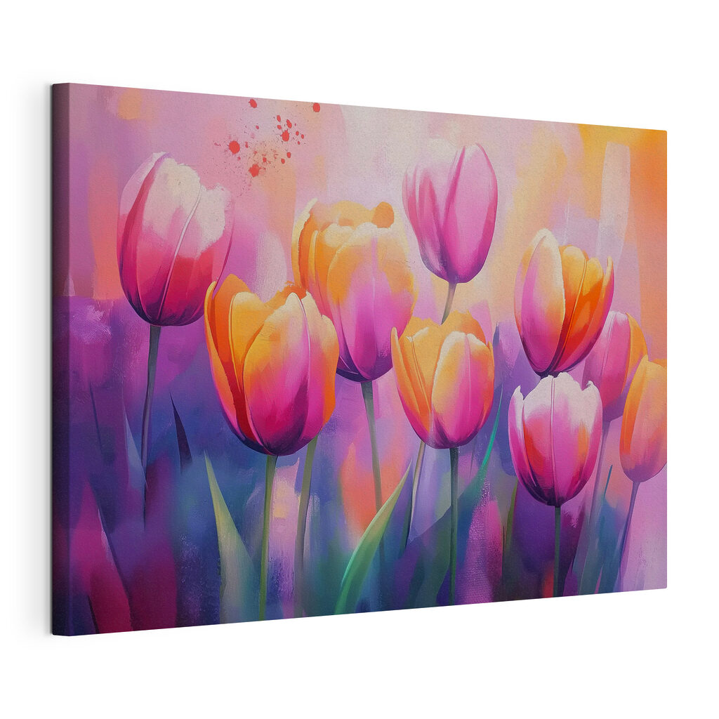 Tulipani nei colori solari, tela tesa e bordo avvolto