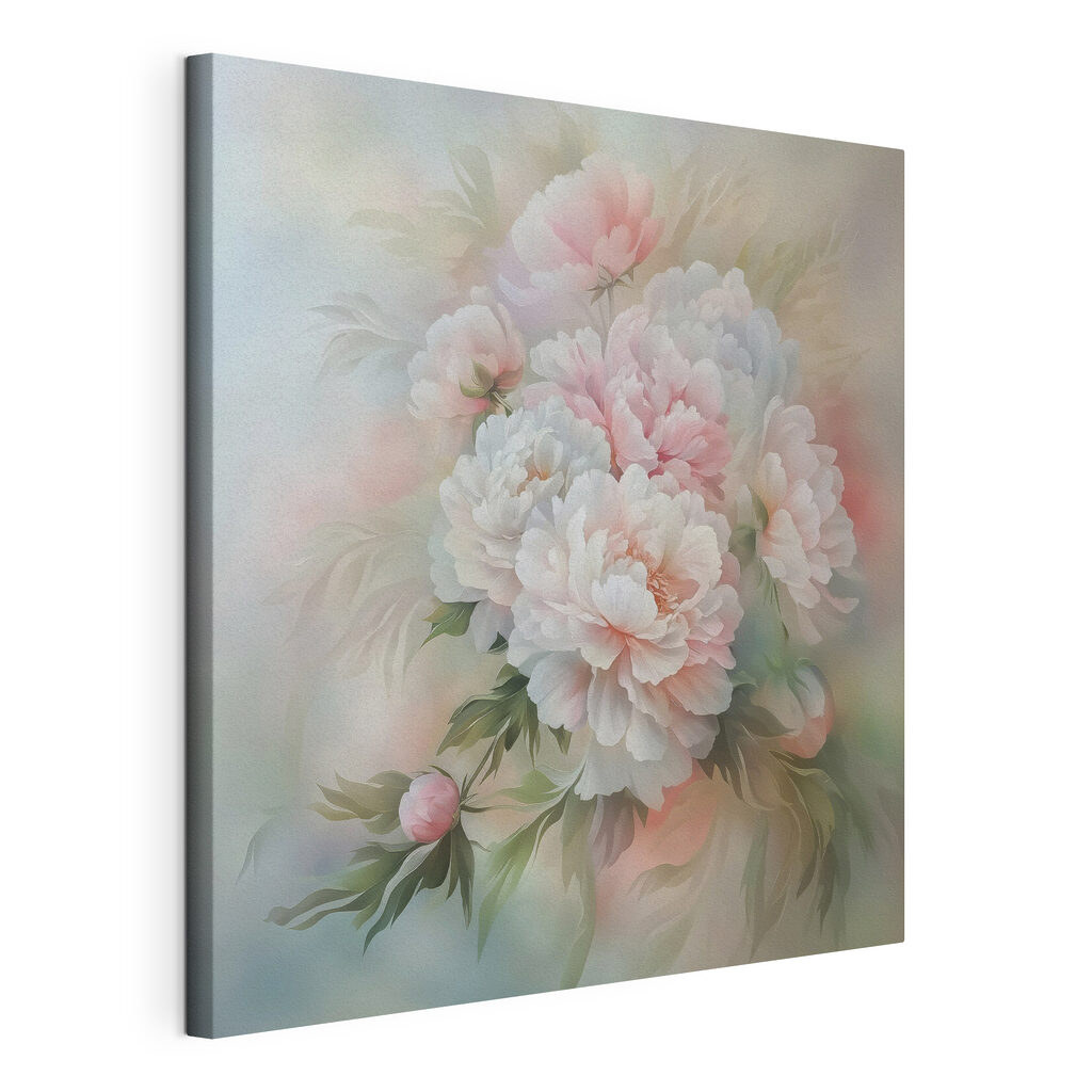 Peonie nelle tinte pastello, tela tesa e bordo avvolto