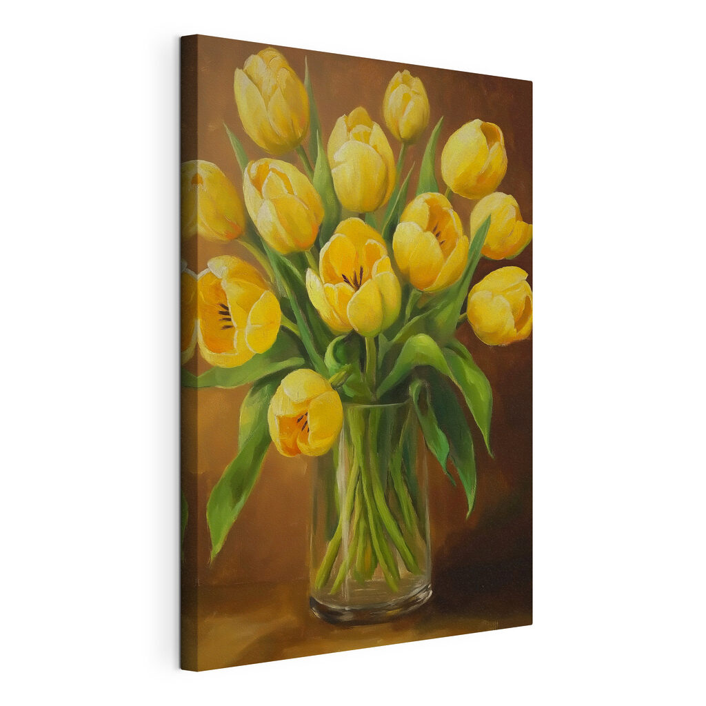 Tulipani gialli su marrone, tela tesa e bordo avvolto