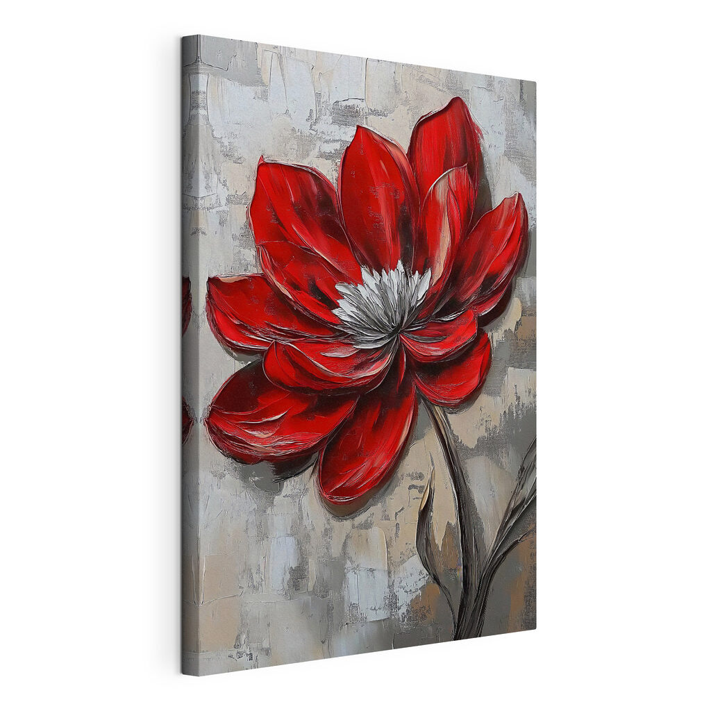 Fiore rosso a tratto, tela tesa e bordo avvolto