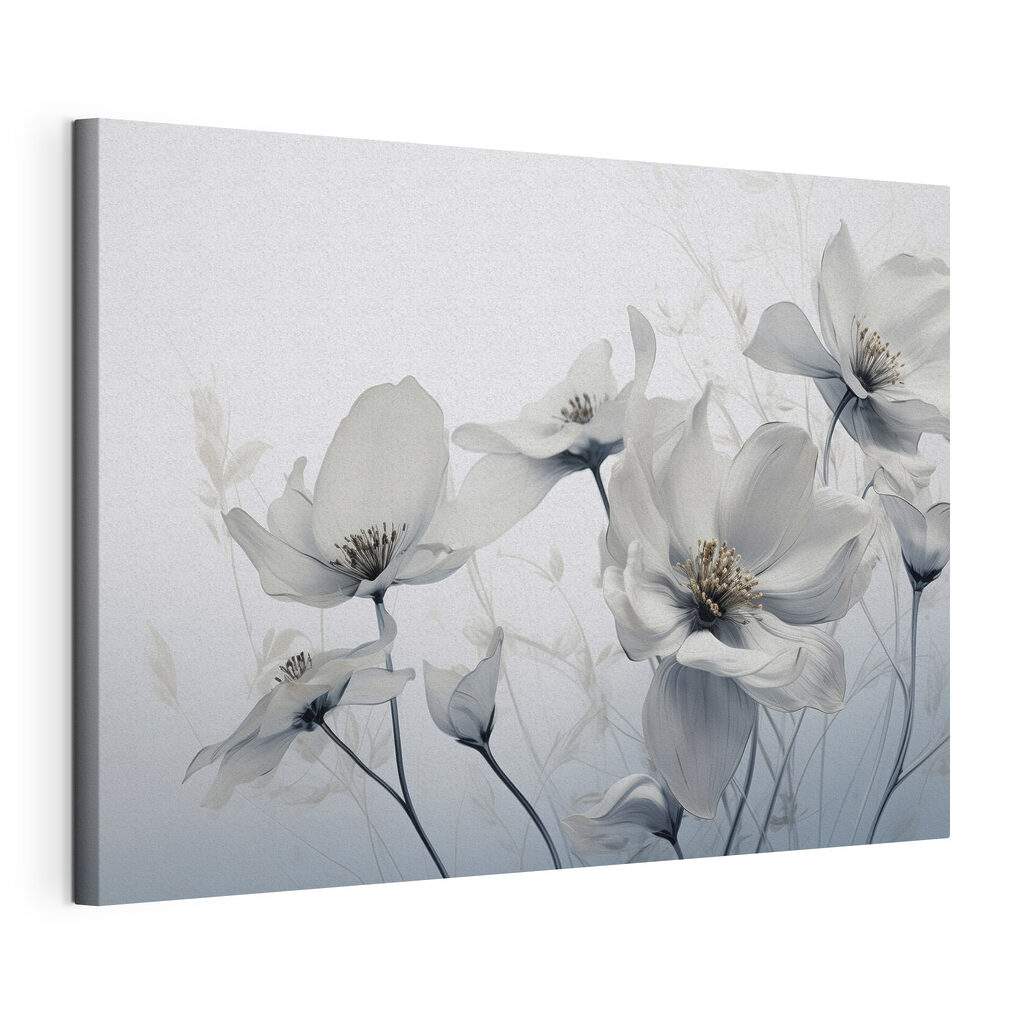 Fiori in grigio tenue, tela tesa e bordo avvolto