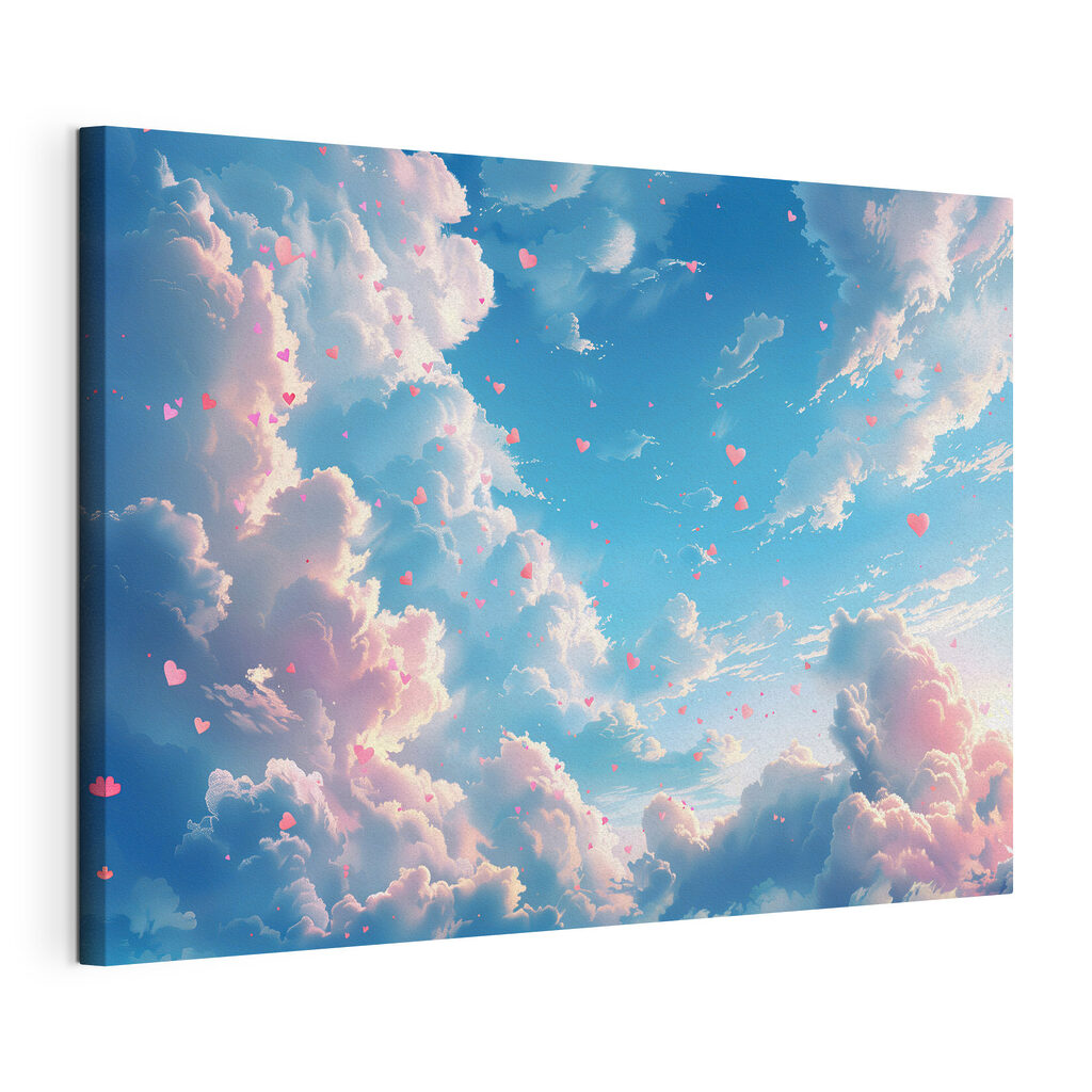 Cuori tra nuvole rosa, tela tesa e bordo avvolto