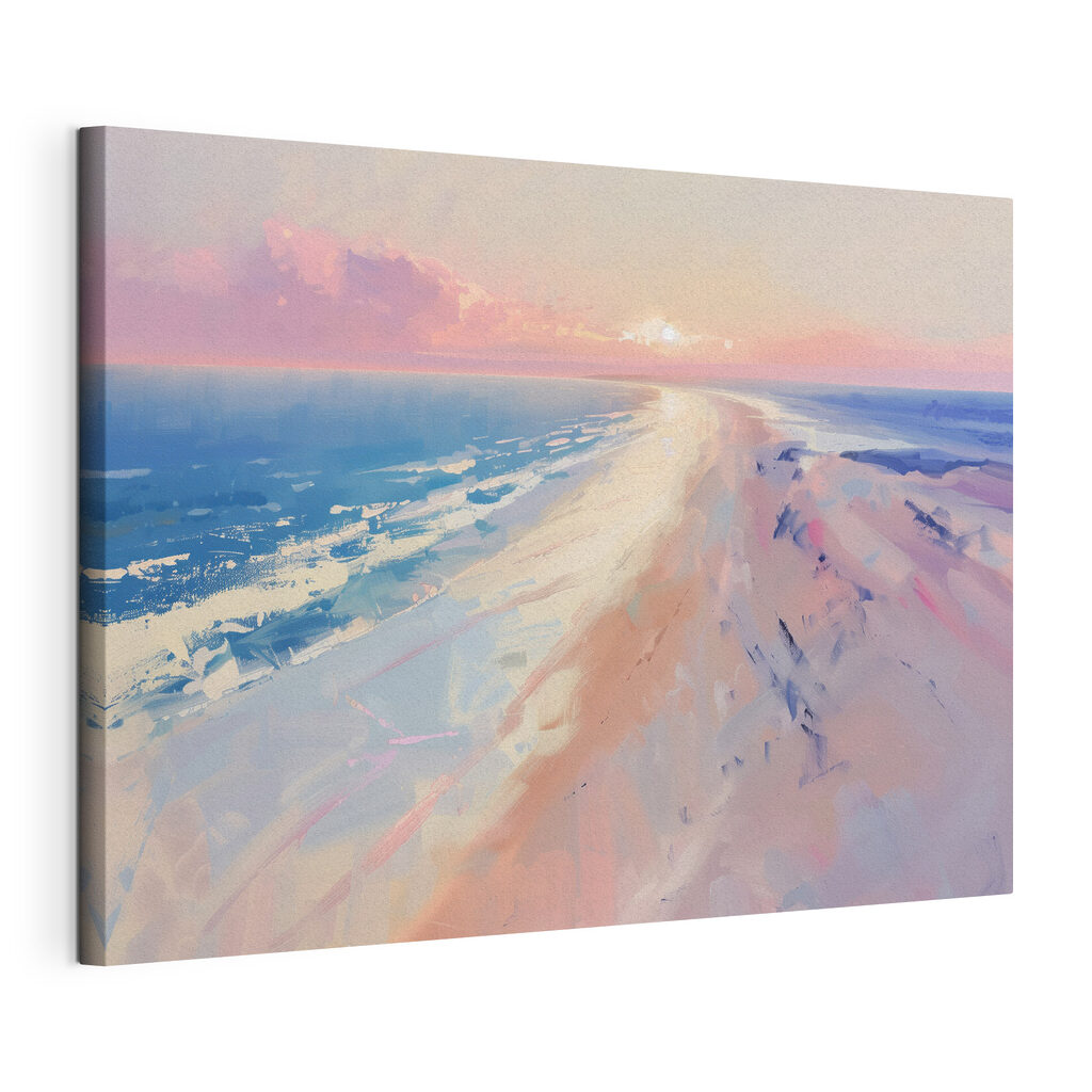 Spiaggia pastello al tramonto, tela tesa e bordo avvolto