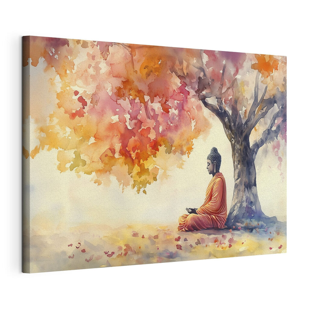 Buddha tra le foglie, tela tesa e bordo avvolto