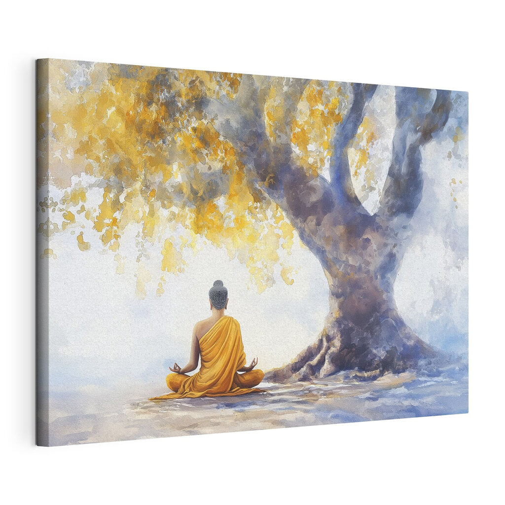 Meditazione sotto albero dorato, tela tesa e bordo avvolto