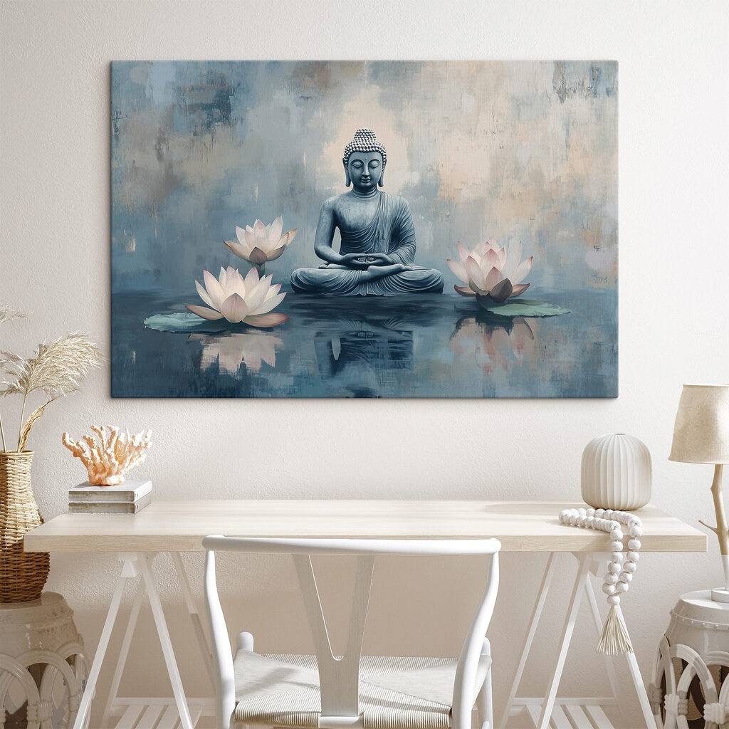Buddha tra i loti in un ambiente