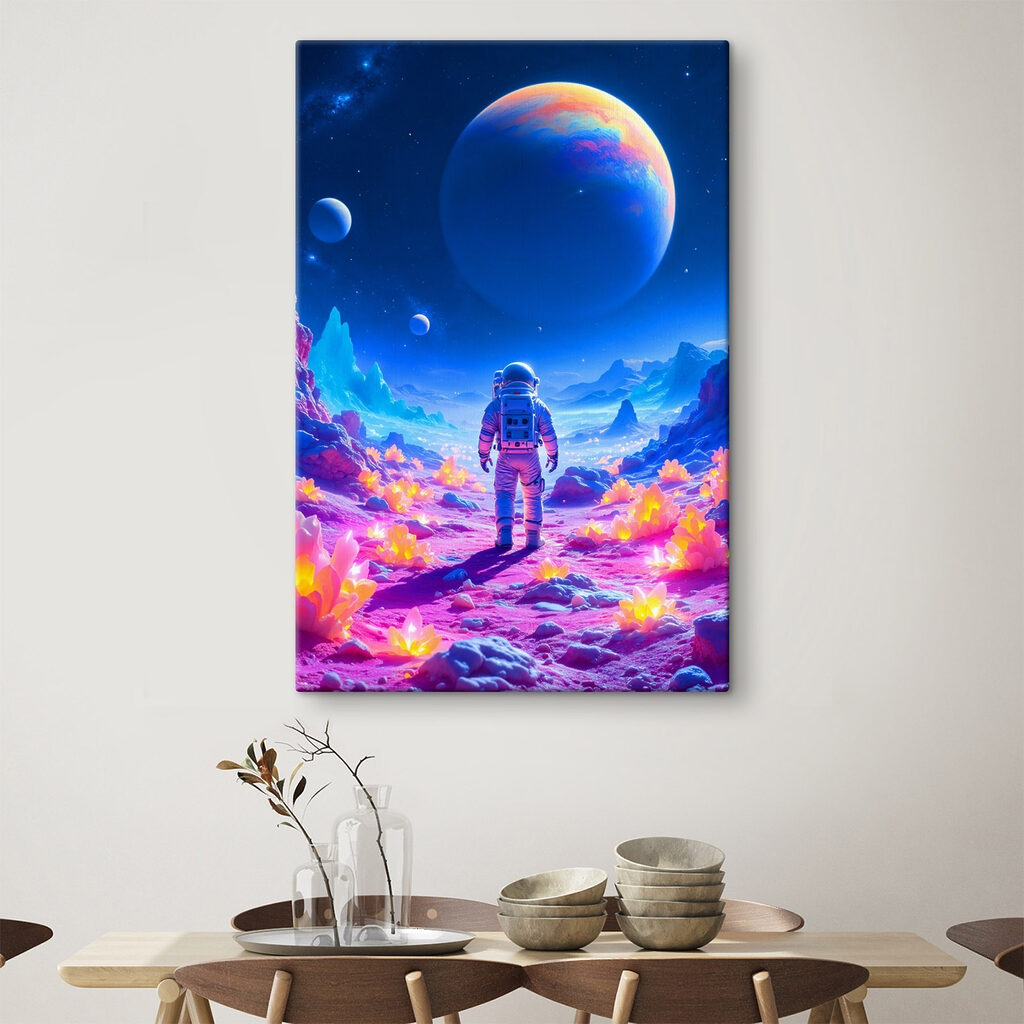 Astronauta tra montagne neon in un ambiente