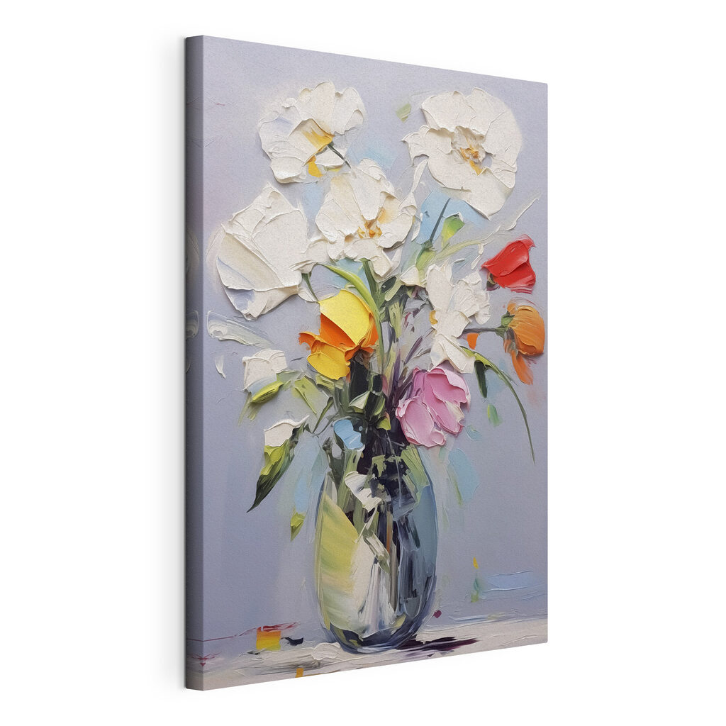 Bouquet di pennellate, tela tesa e bordo avvolto