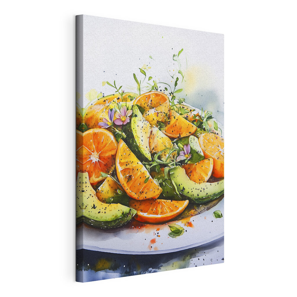 Arance e avocado, tela tesa e bordo avvolto
