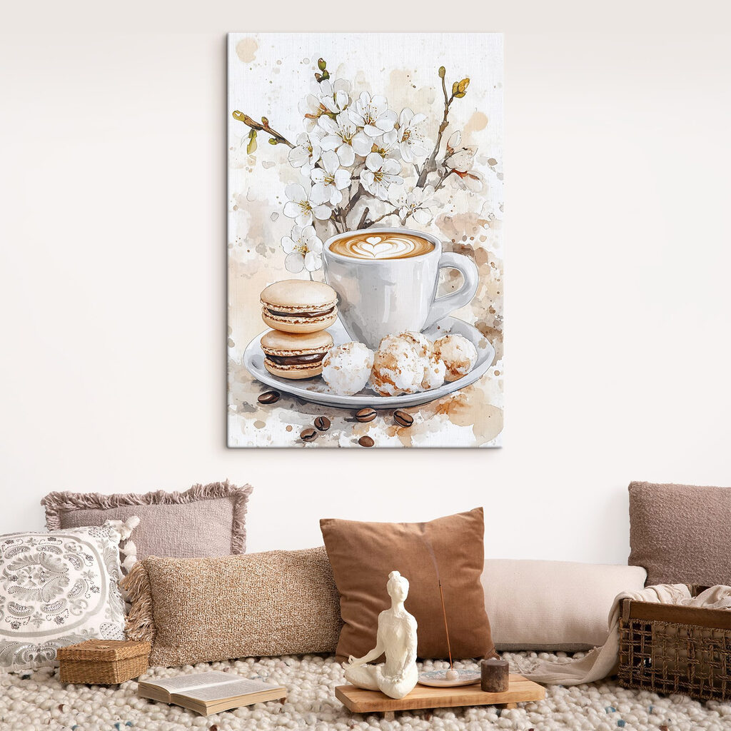 Cappuccino e fiori bianchi in un ambiente