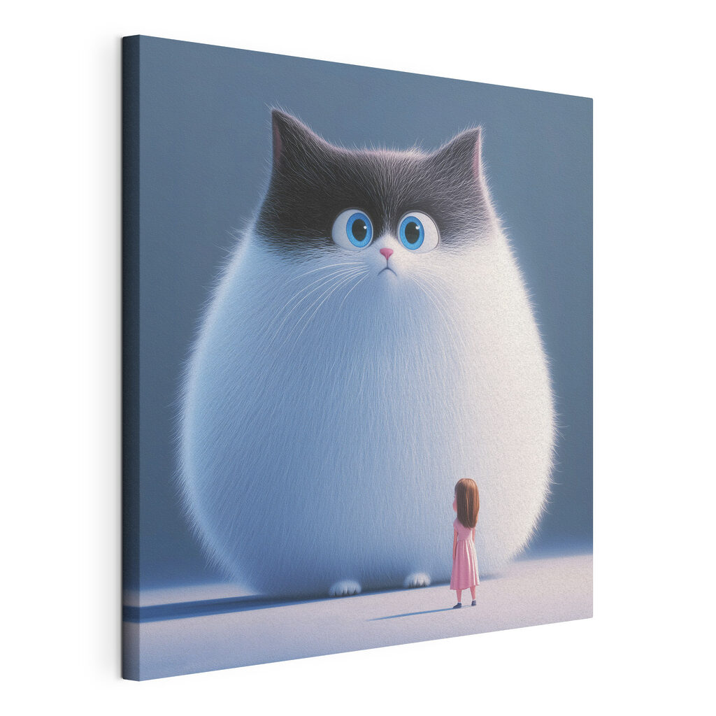 Bambina e gatto gigante, tela tesa e bordo avvolto