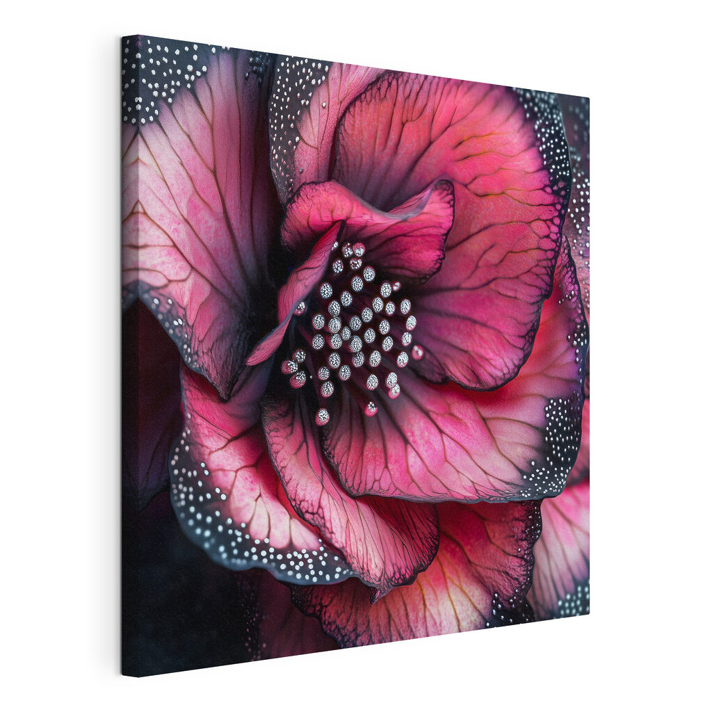 Fiore rosa con perline, tela tesa e bordo avvolto