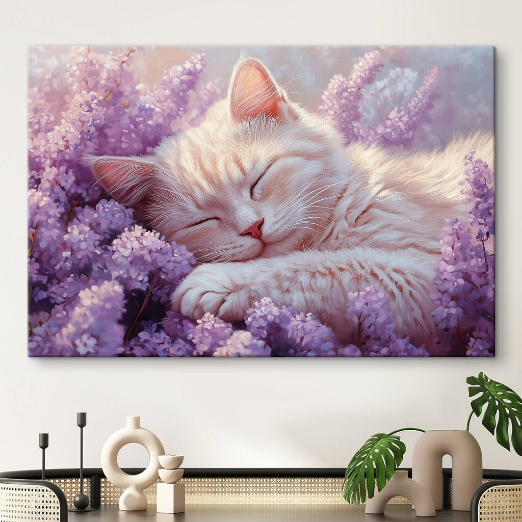 Gattino tra fiori lilla in un ambiente